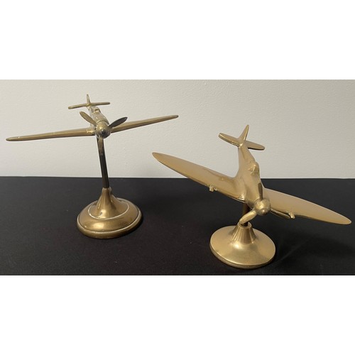 2117 - WW2 British Trench Art Brass Desk Ornaments in the form of a Spitfire and a Messerschimt 109 fighter... 