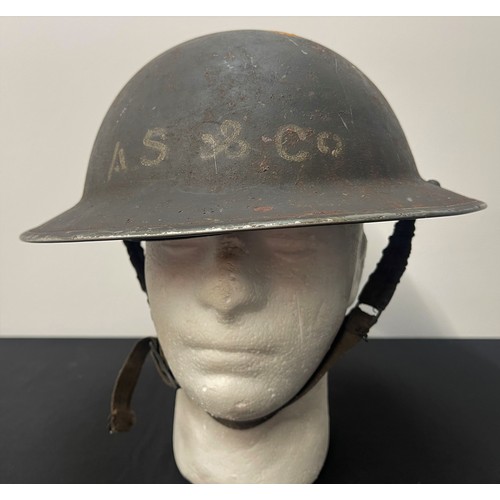 2126 - WW2 British Home Front Steel Helmet, dark grey painted external finish with stenciled to front 