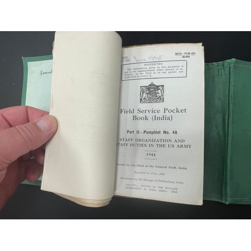 2137 - WW2 British Field Service Pocket Book (India) 1944. Green folder containing approx. 13 pamphlets, ea... 