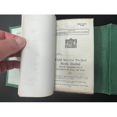 2137 - WW2 British Field Service Pocket Book (India) 1944. Green folder containing approx. 13 pamphlets, ea... 