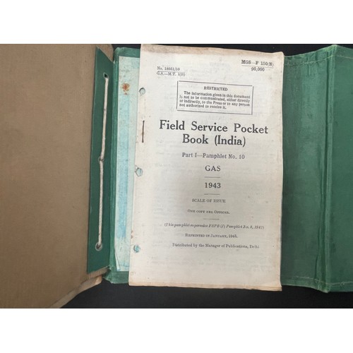 2137 - WW2 British Field Service Pocket Book (India) 1944. Green folder containing approx. 13 pamphlets, ea... 