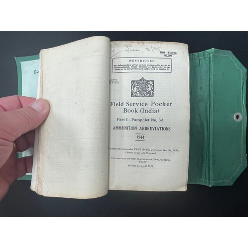 2137 - WW2 British Field Service Pocket Book (India) 1944. Green folder containing approx. 13 pamphlets, ea... 