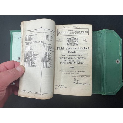 2137 - WW2 British Field Service Pocket Book (India) 1944. Green folder containing approx. 13 pamphlets, ea... 