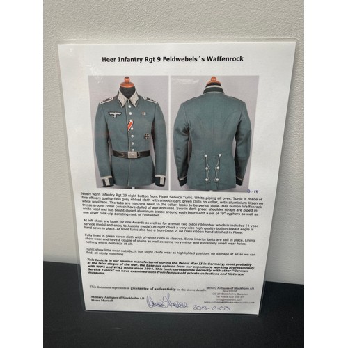 2154 - WW2 Third Reich Heer Infanterie Regt 9 Feldwebels NCO's Waffenrock Parade Tunic complete with Parade... 