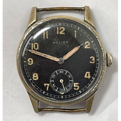 2159 - WW2 Third Reich Military Issue Wristwatch by Helios. Black dial with Arabic numerals and separate se... 