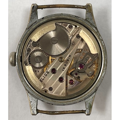 2159 - WW2 Third Reich Military Issue Wristwatch by Helios. Black dial with Arabic numerals and separate se... 