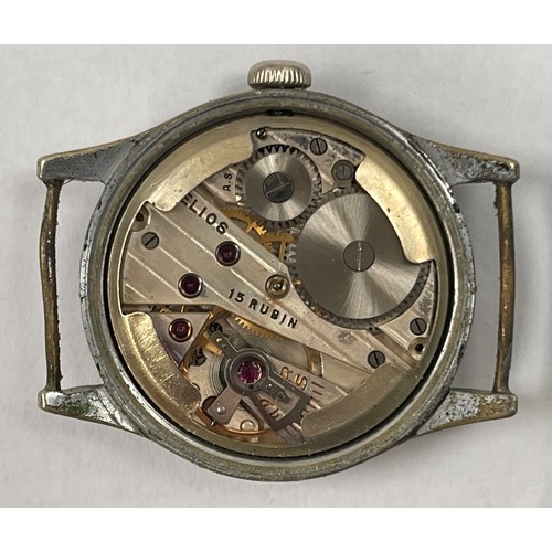 2159 - WW2 Third Reich Military Issue Wristwatch by Helios. Black dial with Arabic numerals and separate se... 