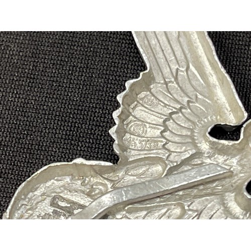 2188 - WW2 Third Reich SS Cap Eagle, alloy example, marked SS RZM 155/38. Two pins missing, one remaining.