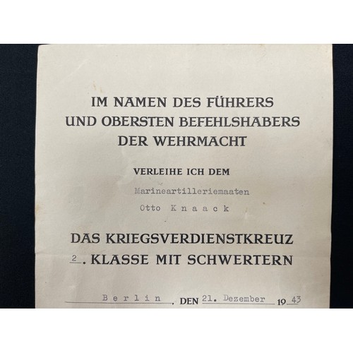 2205 - WW2 Third Reich Kriegsmarine Award Document for Kriegsverdienstkreuz 2.Klasse mit Schwertern - War M... 