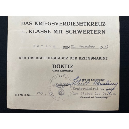 2205 - WW2 Third Reich Kriegsmarine Award Document for Kriegsverdienstkreuz 2.Klasse mit Schwertern - War M... 