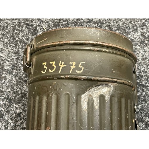 2213 - WW2 Third Reich Gas Mask Tin with all original feld grau paint, complete with respirator. Respirator... 