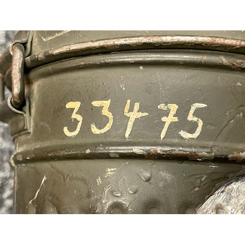 2213 - WW2 Third Reich Gas Mask Tin with all original feld grau paint, complete with respirator. Respirator... 