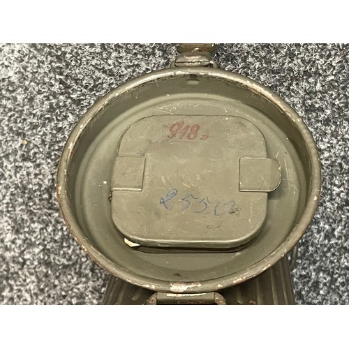 2213 - WW2 Third Reich Gas Mask Tin with all original feld grau paint, complete with respirator. Respirator... 