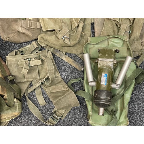 2240 - 58 Pattern Webbing and a DPM Camo Bergan Rucksack, white vinyl sword belt, meter in pouch, etc.