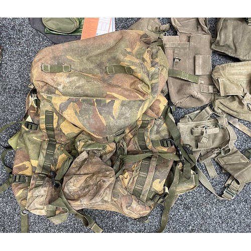 2240 - 58 Pattern Webbing and a DPM Camo Bergan Rucksack, white vinyl sword belt, meter in pouch, etc.