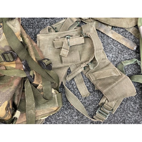 2240 - 58 Pattern Webbing and a DPM Camo Bergan Rucksack, white vinyl sword belt, meter in pouch, etc.