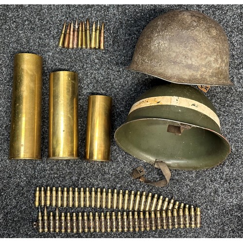 2249 - Post War French M51 Helmets , no liners x 2:  7.62mm NATO Bullet belt with over 50 INERT & FFE cases... 