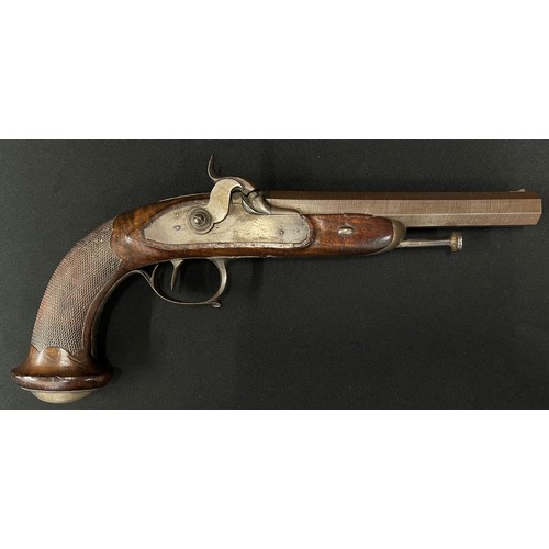 2266 - Belgian Percussion Cap Pistol with 190mm Damascus rifled barrel. Belgian Proof marked. Bore approx. ... 