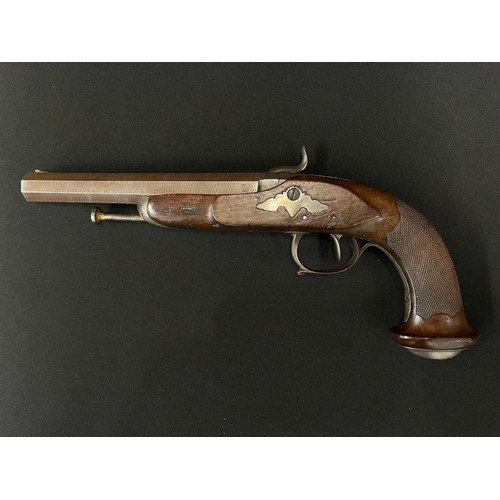 2266 - Belgian Percussion Cap Pistol with 190mm Damascus rifled barrel. Belgian Proof marked. Bore approx. ... 