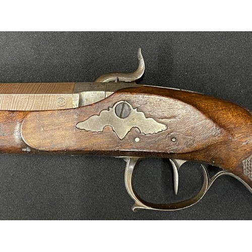 2266 - Belgian Percussion Cap Pistol with 190mm Damascus rifled barrel. Belgian Proof marked. Bore approx. ... 