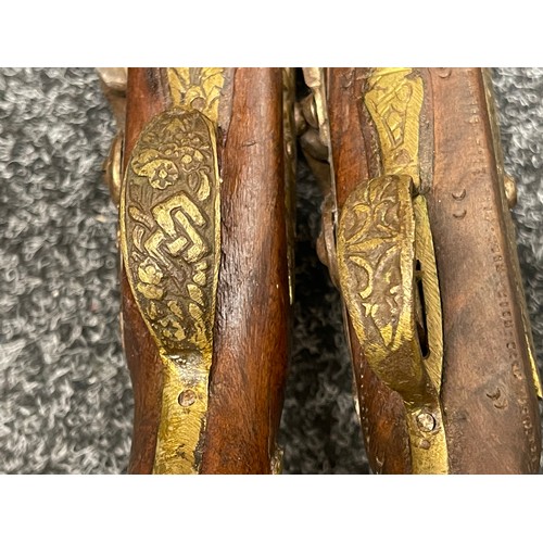 2275 - A pair of flintlock pistols with 250mm long barrels, bore approx 15mm. Overall length 420mm. No make... 