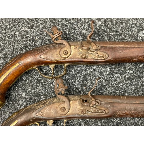 2275 - A pair of flintlock pistols with 250mm long barrels, bore approx 15mm. Overall length 420mm. No make... 