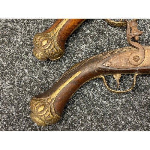 2275 - A pair of flintlock pistols with 250mm long barrels, bore approx 15mm. Overall length 420mm. No make... 