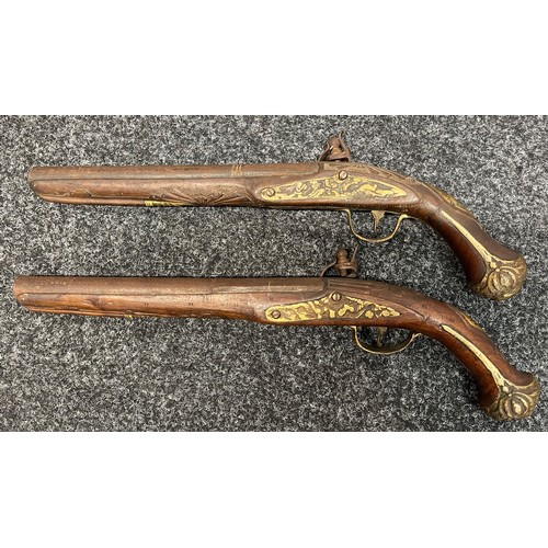 2275 - A pair of flintlock pistols with 250mm long barrels, bore approx 15mm. Overall length 420mm. No make... 