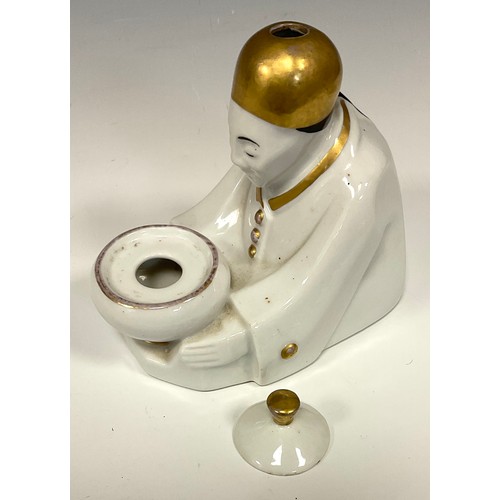 5 - An Art Deco Alfred Lanternier Limoges novelty inkstand, in the Chinoiserie taste as a seated Chinese... 