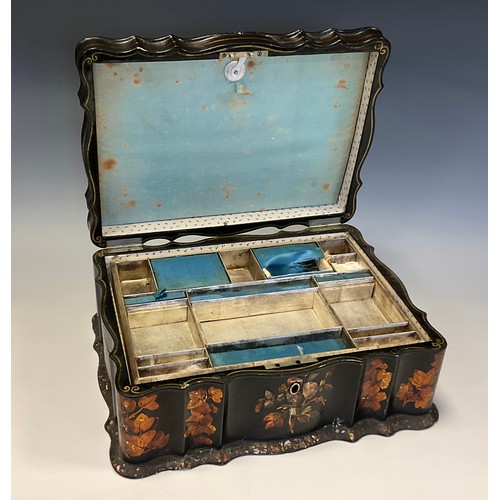 37 - A large Victorian papier mache sarcophagus work box, hinged cover enclosing a fitted lift-out tray, ... 