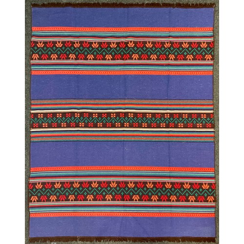 49 - A large Greek flat-weave rug, knotted in bright blue, red, orange, and black 242cm x 191cm;  another... 