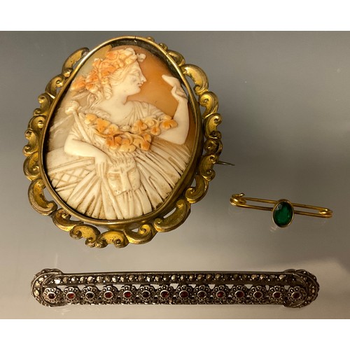 470 - A Victorian cameo brooch, Bacchante holding a chalice and spear,  pinchbeck mount;  marcasite brooch... 