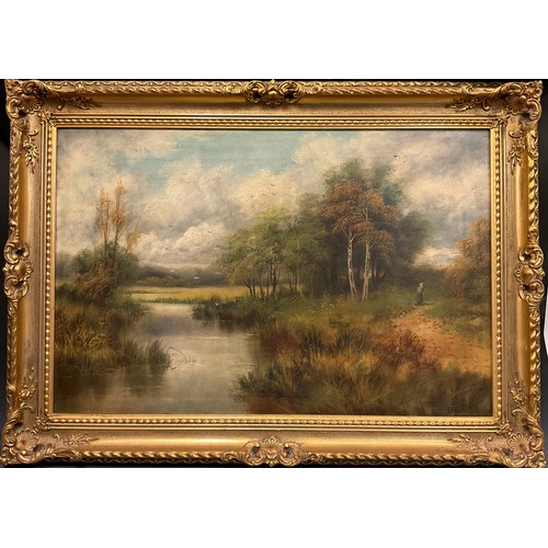 123 - G Grant, early 20th century,
Serene meandering river, with lone figure, 
signed, oil on canvas, 50cm... 