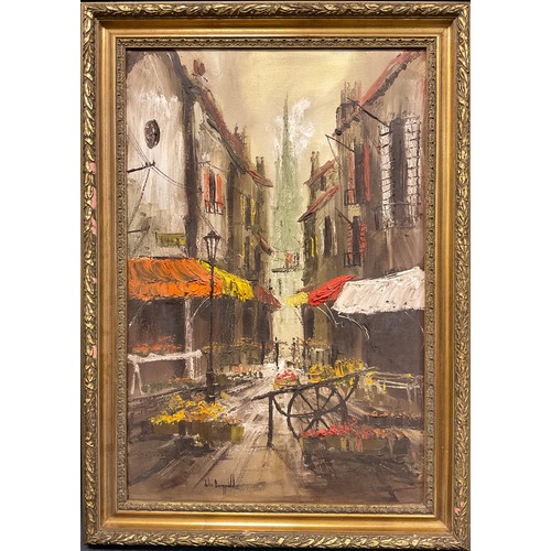 45 - John Banpfield (British, bn. 1947), Market lane, with Cathedral view, an impression, signed, oil on ... 