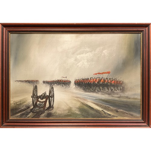 70 - John Banpfield (British, bn. 1947), The Marching, signed, oil on canvas, 51cm x 77cm.