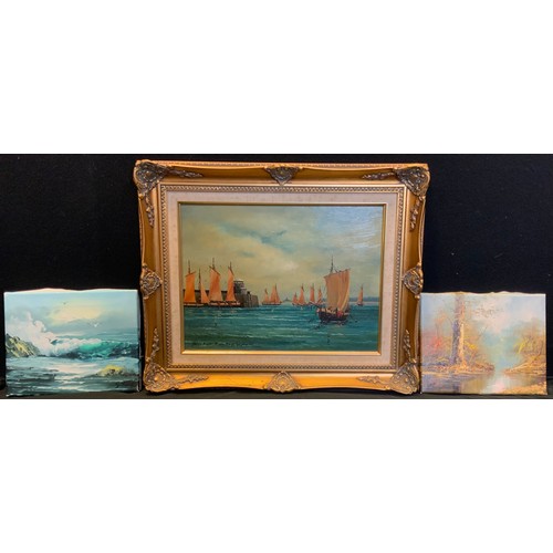 163 - Brian Flint - Maritime oil 29cm x39cm, 2 x small oil on canvas 20cm x 25cm (3)