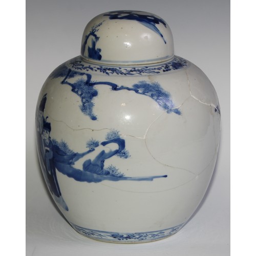 15 - A large Chinese ovoid ginger jar and cover, painted in tones of underglaze blue with figures, 31cm h... 