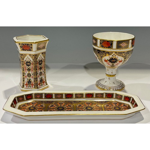 17 - A Royal Crown Derby 1128 Imari pattern goblet, 12cm high, first quality; a similar hexagonal vase, 1... 