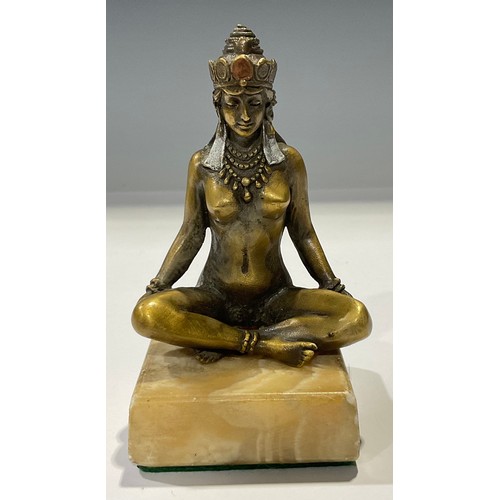 25 - An Art Deco bronze, female nude seated cross legged, square marble base, 11cm high