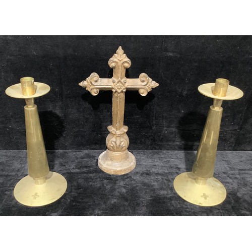 26 - A pair of contemporary ecclesiastical brass altar candlesticks, wide drip pans, tapered column, comp... 