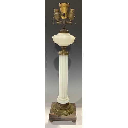 30 - A large bronzed metal and milk glass table lamp, square marble type base, 73cm high