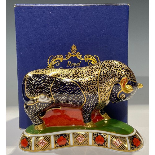 31 - A Royal Crown Derby paperweight, Grecian Bull, gold stopper, signed in gold, dated 1993, 14cm wide, ... 