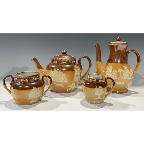 42 - A Doulton Lambeth salt glazed harvest coffee pot, Birmingham 1904; others, teapot, Sheffield 1913; a... 