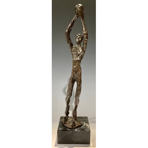 79 - Modern School, a brown patinated bronze, of a basketball player, square marble base, 37.5cm high