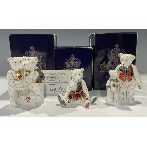 88 - A Royal Crown Derby miniature Teddy Bear, Mummy and Charlotte, 7cm, boxed; others, Daddy and George,... 