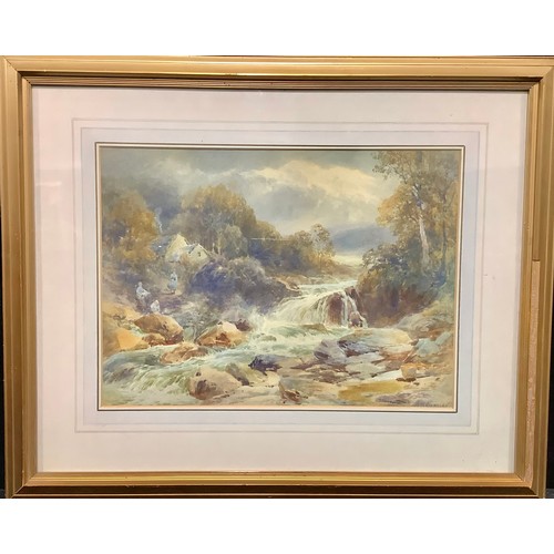 123 - James Stephen Gresley  
Figures and Cottage Beside Rocky Stream  
signed, watercolour, 28cm x 38cm