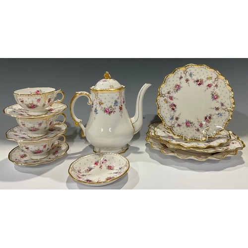 129 - A Royal Crown Derby Royal Royal Antoinette pattern coffee pot, three teacups and saucers, pair of si... 