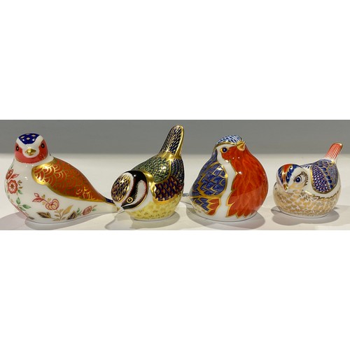 138 - A Royal Crown Derby paperweight, Goldcrest, gold stopper; three others, Blue Tit, gold stopper; Robi... 