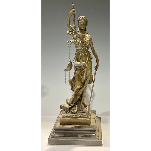 147 - A bronze sculpture, of Justice, she stands holding scales aloft, stepped marble base, 34cm high