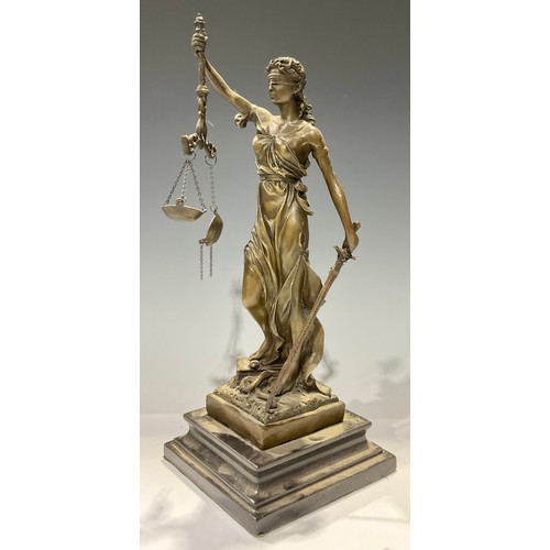 147 - A bronze sculpture, of Justice, she stands holding scales aloft, stepped marble base, 34cm high